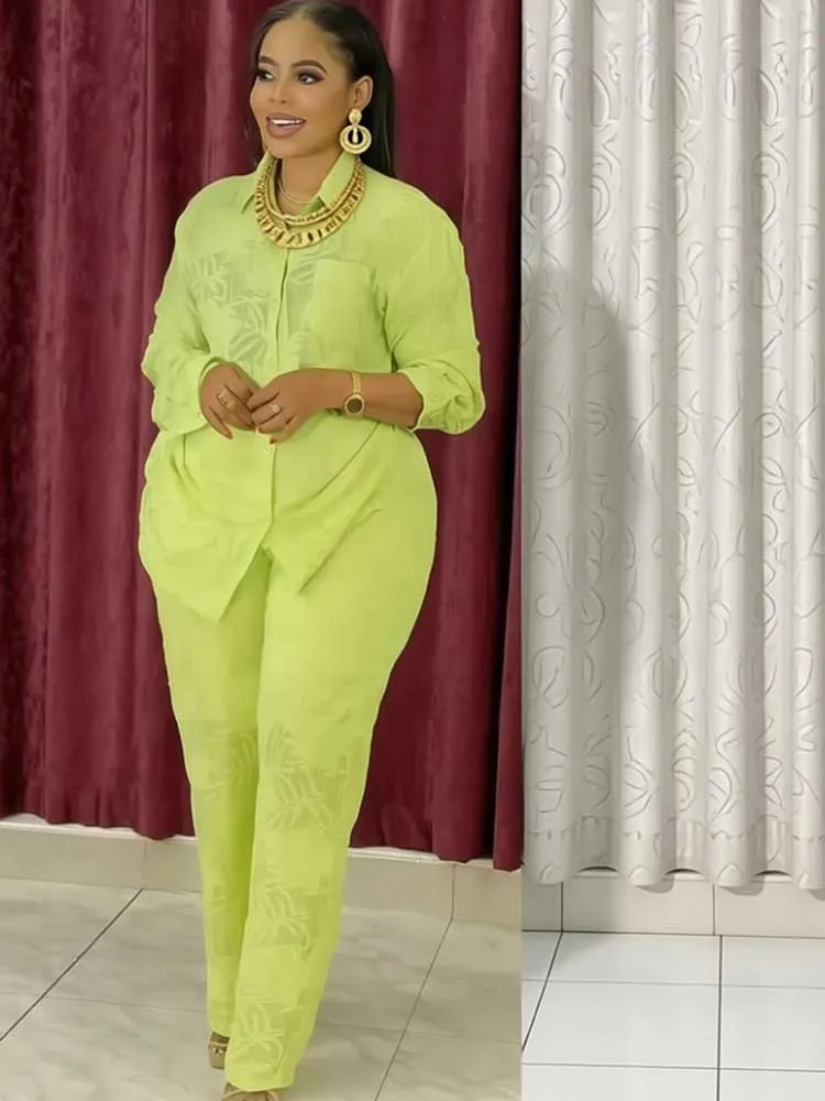 

Casual Two Piece Sets Woman Summer Long Sleeve Turn Down Collar Shirt Top and Pants Classy Elegant Outfit Wholesale Dropshipping