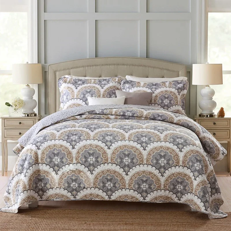 

Print Bedspread Quilt Set 3-Piece Washed Cotton Blanket for Bed with Pillowcase Queen Size Coverlets Reversible Comforter