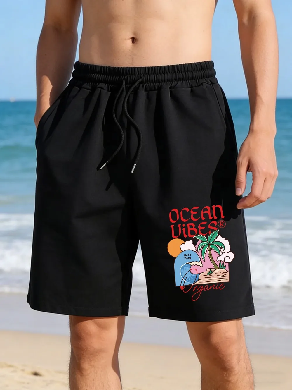 

Мужские шорты Ocean Vibes Organic Printing Pants: базовые, с высокой талией, широкие, пляжные, летние, оверсайз, повседневные, с карманами, мужская одежда