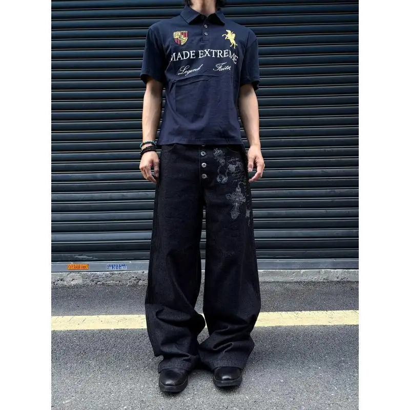 Men's Punk Style Print Casual Black Pants Street Boys Bottom High Waist Unisex Baggy Trousers Male Wide Legs Sweatpants