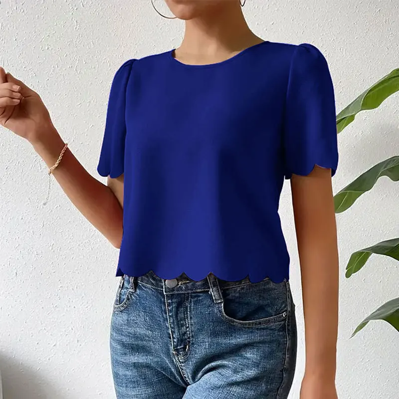 Solid Color Burnt Flower Short Sleeved Shirt With Shell Edge And Exposed Navel For Women Round Neck T-shirt For Women In Summer