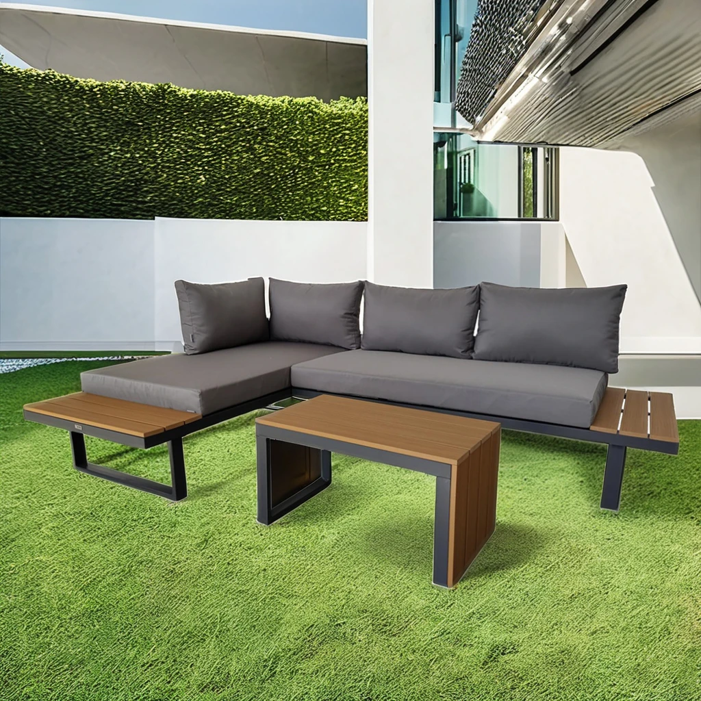 

Modern Outdoor Garden Furniture L-Shaped Aluminum Lounge Sofa with Plastic Wood Sets for Living Room Dining Courtyard Hotel