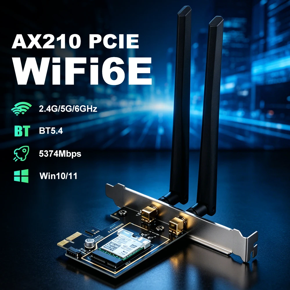 

WiFi 6E PCIe Wireless Card 5374Mbps Tri-Band 2.4G/5G/6GHz Bluetooth 5.3 Heatsink Dual 6DB Antennas for Desktop PC Windows 10/11