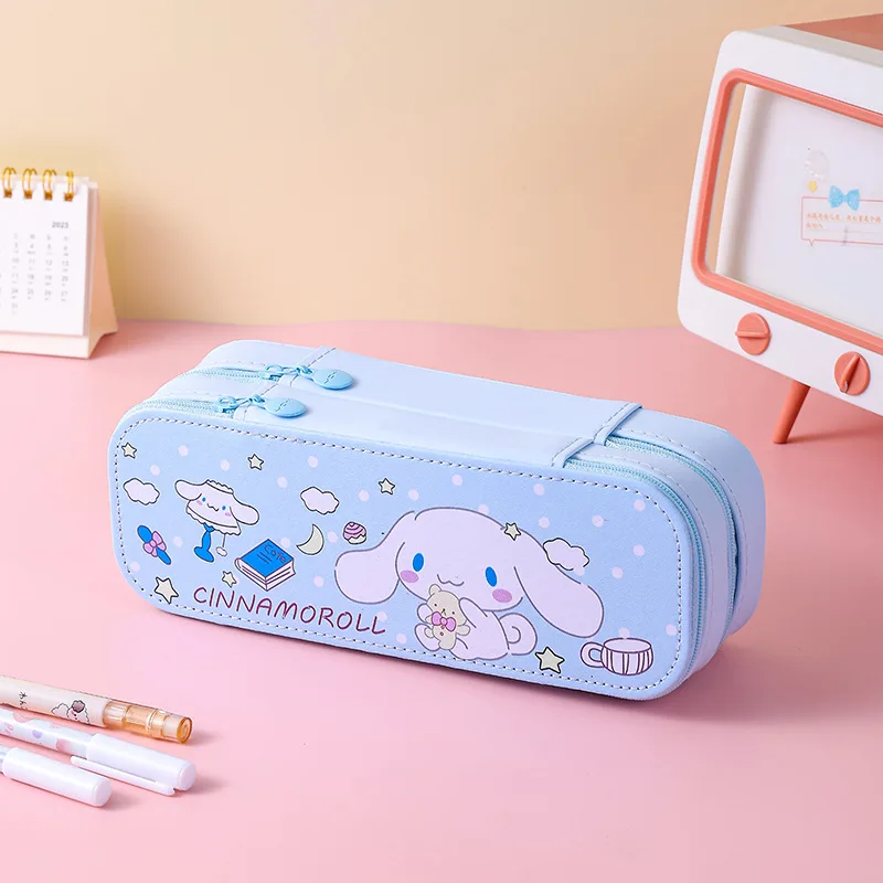 Sanrio Pencil Case Cute PU Large Capacity torage Double Layer Kawaii Kuromi Cinnamoroll Melody Pencils Bag Supplies Stationery