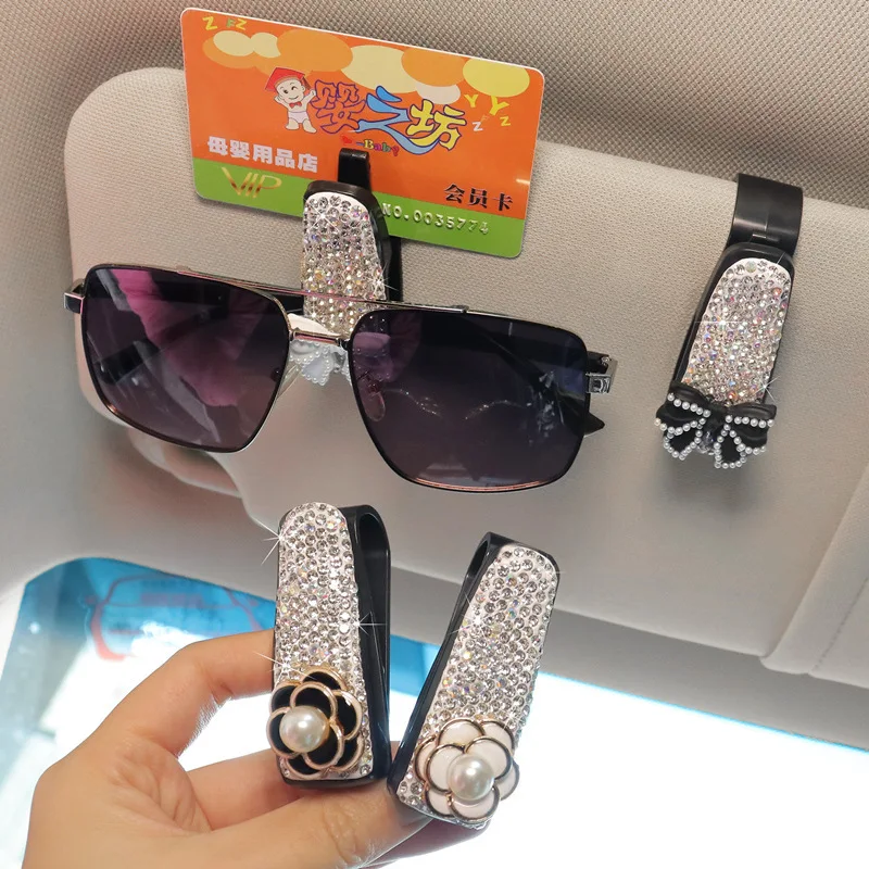 Cute Bow Car Sun Visor Organizer Sunglasses Holder Rhinestone Bracket Portable Sunglasses Crystal Clip Decoration Accessories