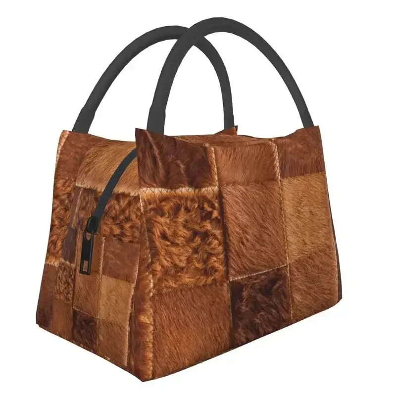 Custom 3D Printing Brown Checkered Cowhide Patche Lunch Bag Women Cooler Thermal Insulated Lunch Boxes for Office Travel