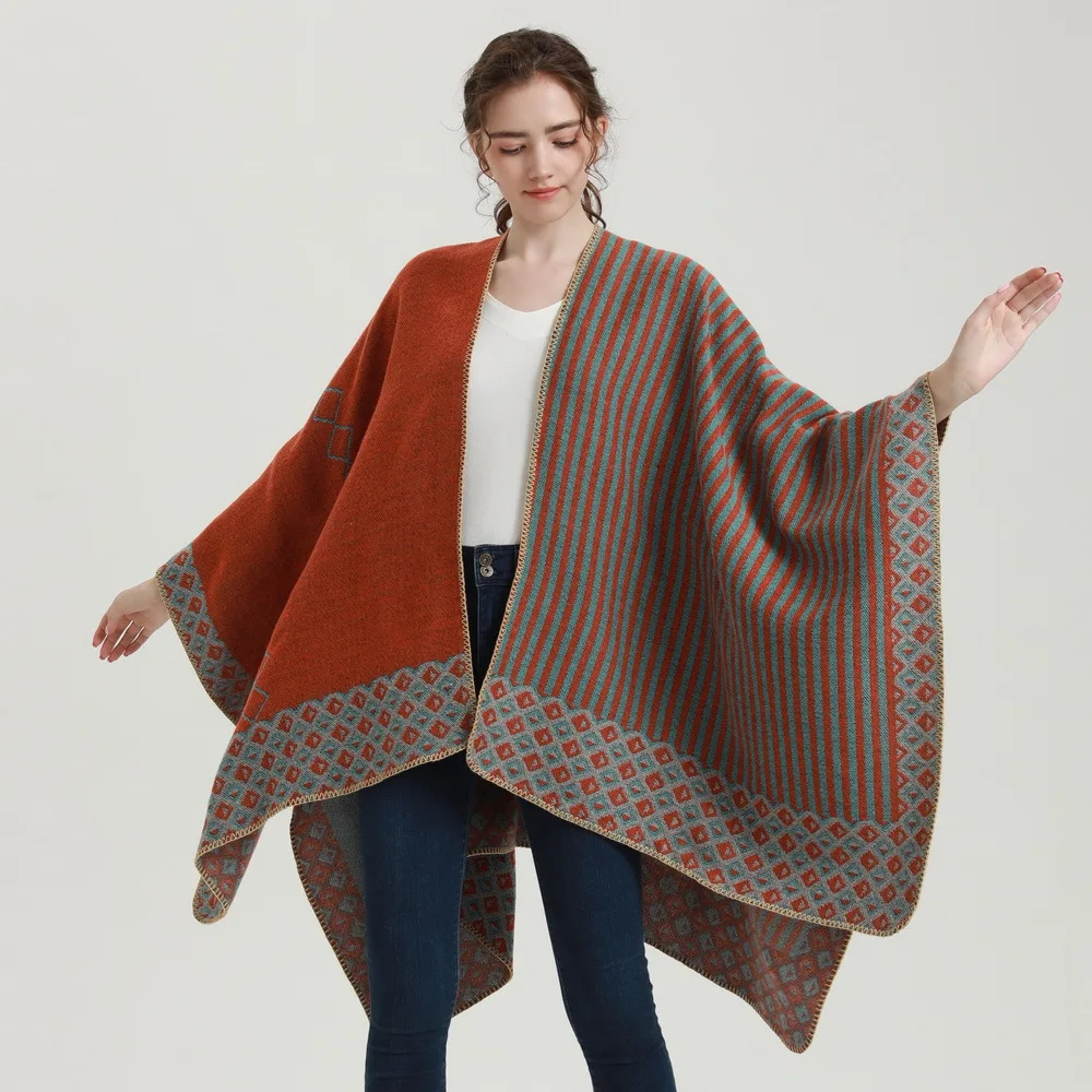 Luxury Rhombus Stripes Pattern Winter Warm Scarf Split Cape Women Poncho Elegant Air Conditioning Shawl Gifts