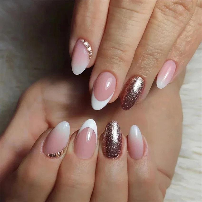 24Pcs/Set Short White Edge French Glitter Art Press on Nail Almond Oval Wearing False Nails Removable Acrylic Fake Nail Tips