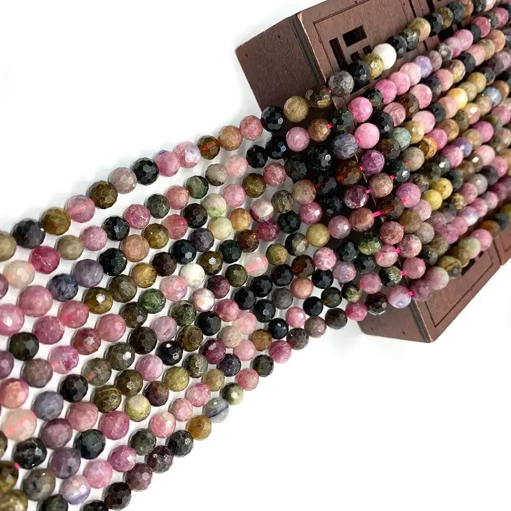 

Faceted Natural Stone Round Beads 6mm Tourmaline Straight-Hole Loose Bead 1 Strand For DIY Fashion Necklace Bracelet Accessories