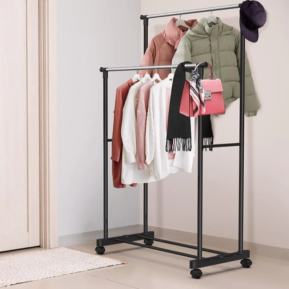 Double Rod Coat Rack Floor Standing Clothes Hanger Portable Simple Movable Clothing Shelf Bedroom Storage Racks Closet Organizer