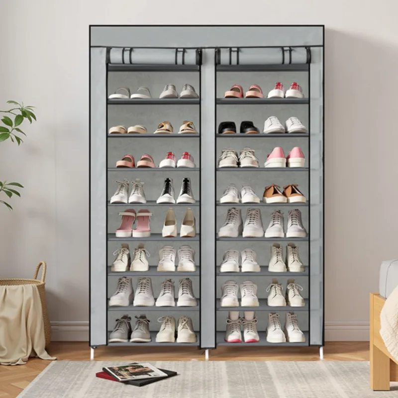 

US Stock F CH Double Row 10-Tier Non-Woven Fabric Shoe Cabinet with Iron Pipes and Plastic Components grey Stylish Appearance