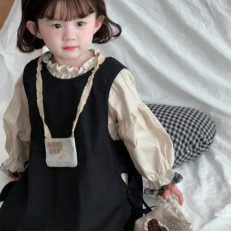 Girls Suits 2024 Autumn New Childrens Clothes Korean Style Girl Baby Retro Dress Lace Skirt Two-piece Set Casual Simple Daily