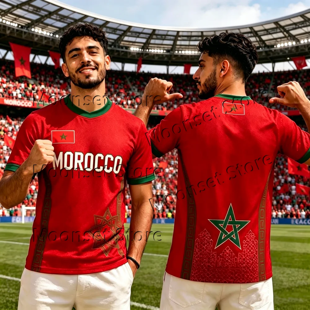 2026 New Morocco Home Jersey Red Green Collar Star Graphic Quick Dry Sport Tops Unisex Adult Kids Family Soccer Training Uniform