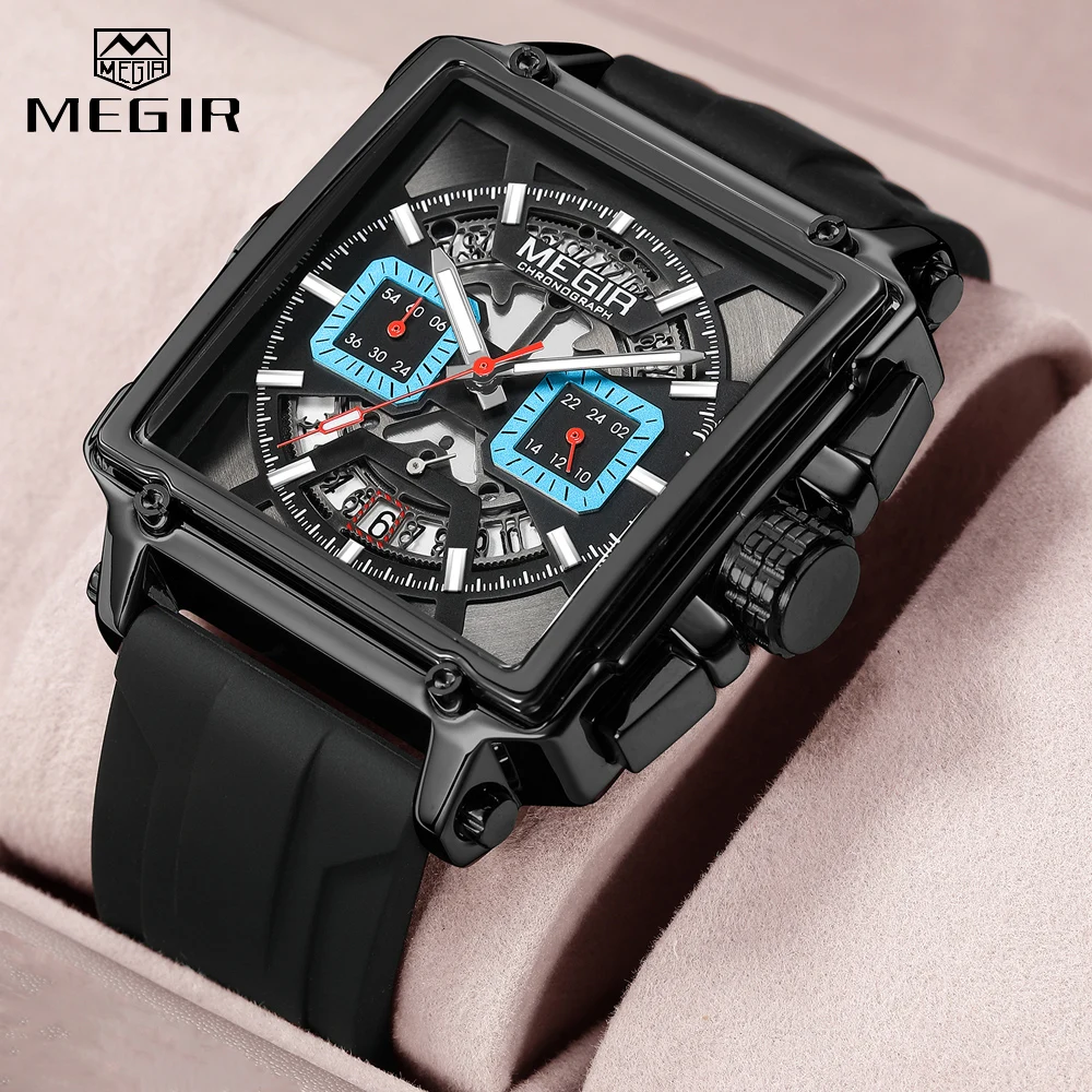 

MEGIR Black Square Dial Fashion Men Chronograph Quartz Watches Silicone Strap Luminous Hands Sports Analogue Wristwatch for Male