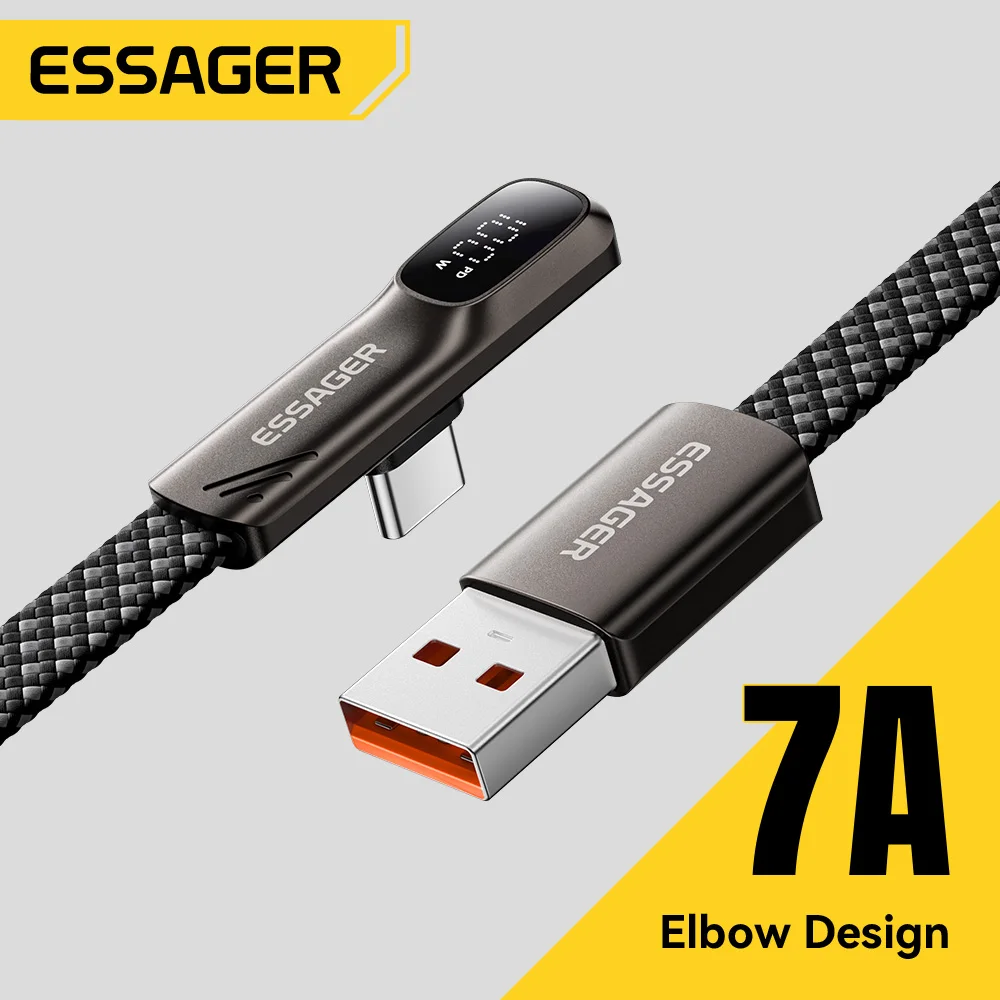 Kabel Essager 100W 7A USB Type-C do szybkiego ładowania z kątowym złączem 90 stopni, kabel USB C z cyfrowym wyświetlaczem danych do Samsunga, Huawei, Honor. — zdjęcie produktu 3