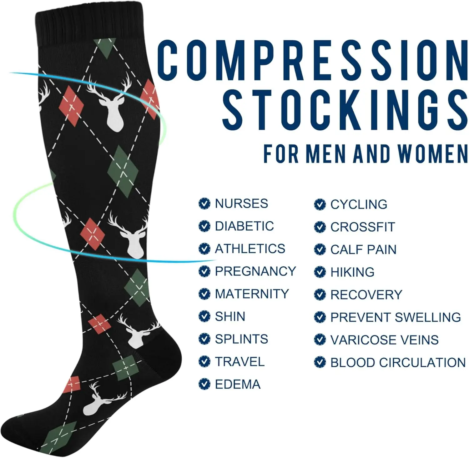 جوارب ضغط للرجال والنساء جوارب طويلة للركبة تدعم رياضة الجري والمشي لمسافات طويلة واللياقة البدنية طباعة مقاس واحد
