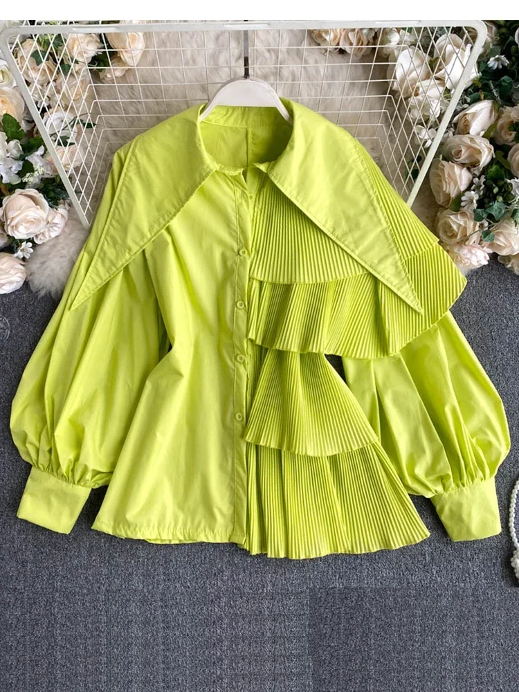 

Women Korean Candy Colors Shirt Fried Street Spring Autumn Shirts Irregular Puff Sleeve Pleated Ruffle Top Women Blouse PL461