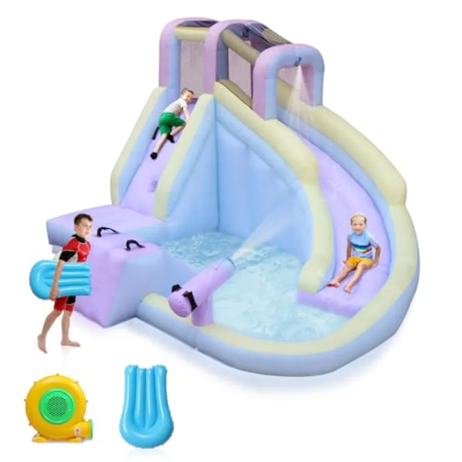 Inflatable Water Slides for Kids, Outdoor & Indoor Waterslide Park Bounce House with Splash Pool, 550W Air Blower, Water Gun for Backyard, Lawn, Ages 3-8 Years