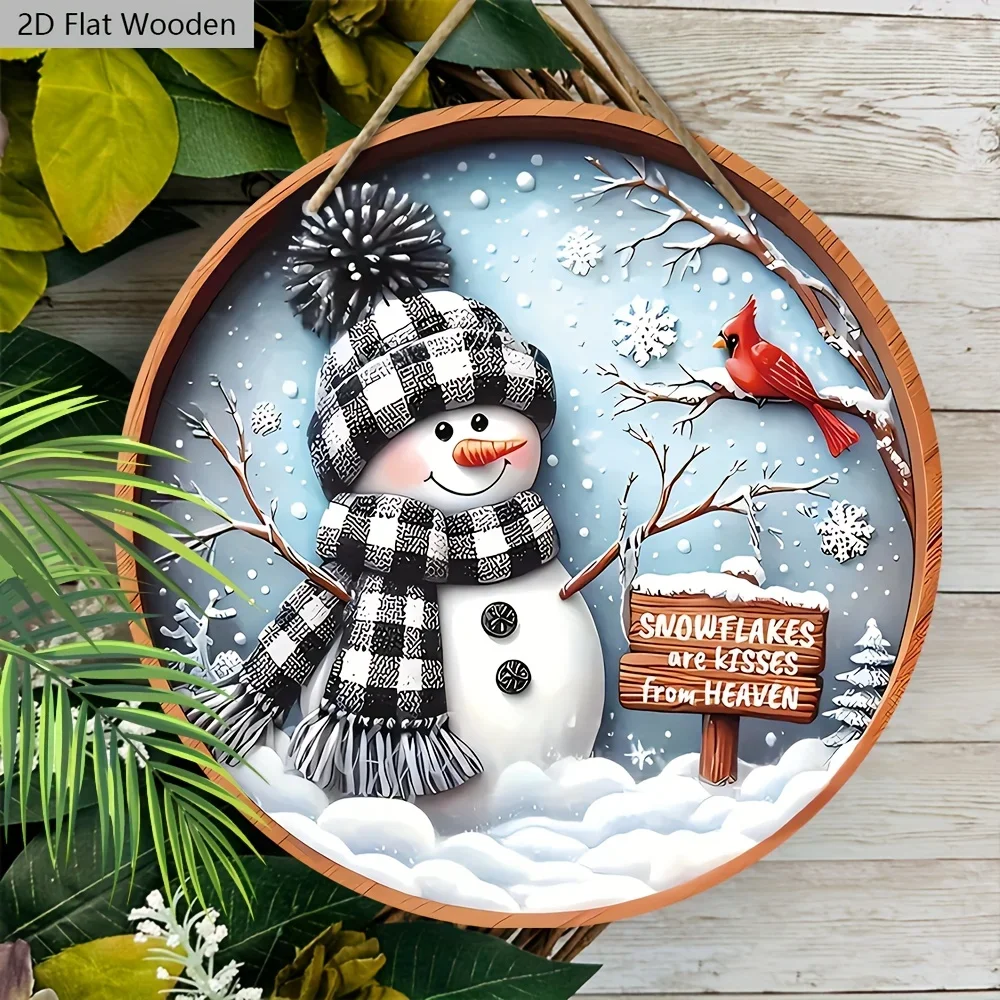 2D Flat Wooden Christmas Sign Featuring a Snowman And Cardinal Design in Buffalo Plaid - Perfect for Hanging on Your Front Door
