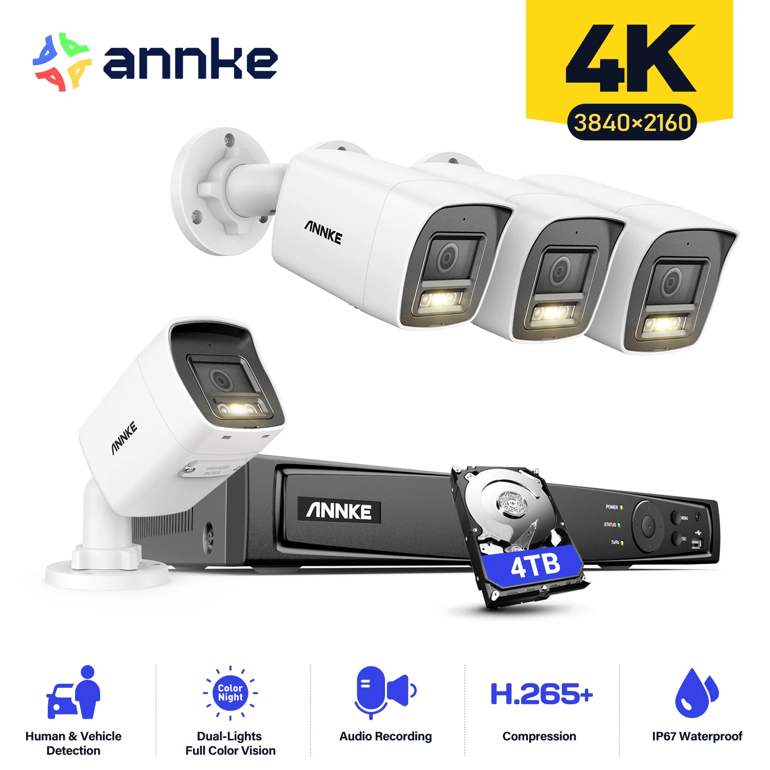 ANNKE 4K Ultra HD POE Video Surveillance System 8CH H.265+ NVR Recorder 4K Security Cameras Audio Recording 4X 8MP PoE Ip camera