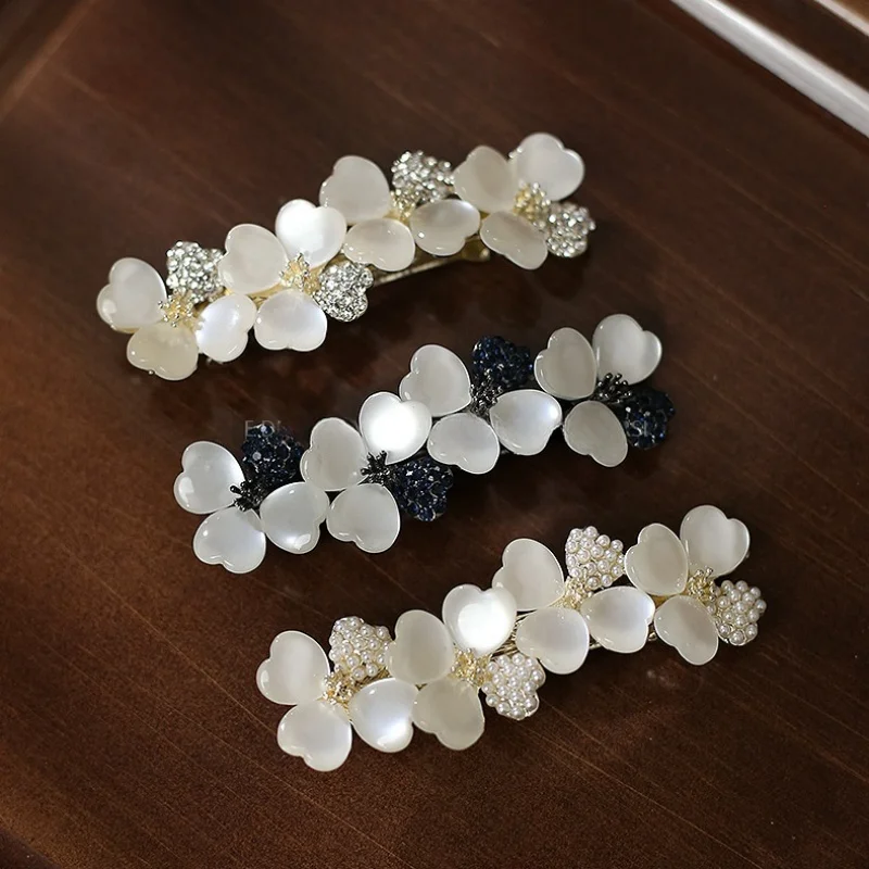 New Luxury White Opal Flower Spring Hairpin Set with Zircon Boutique Top Clip One Word Back Elegant Women's Fashion Headwear