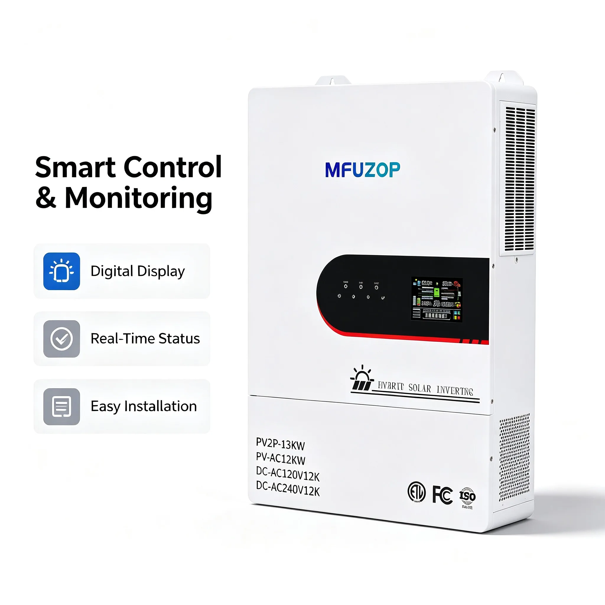 MFUZOP PV2P-13KW Hybrid Solar Inverter 120V/240V Split Phase Off Grid & Grid Tie Solar Inverter for Home Energy Storage, Compatible with LiFePO4 Battery, Support Parallel Connection