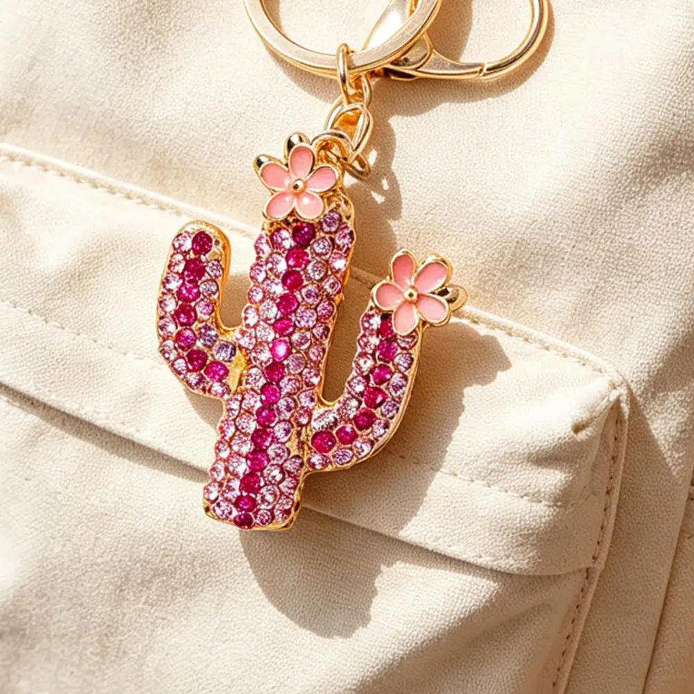 Llavero de Cactus con Pedrería Brillante, Colgante de Cactus con Flor Rosa para Bolsos, Mochilas y Carteras, Accesorio Decorativo