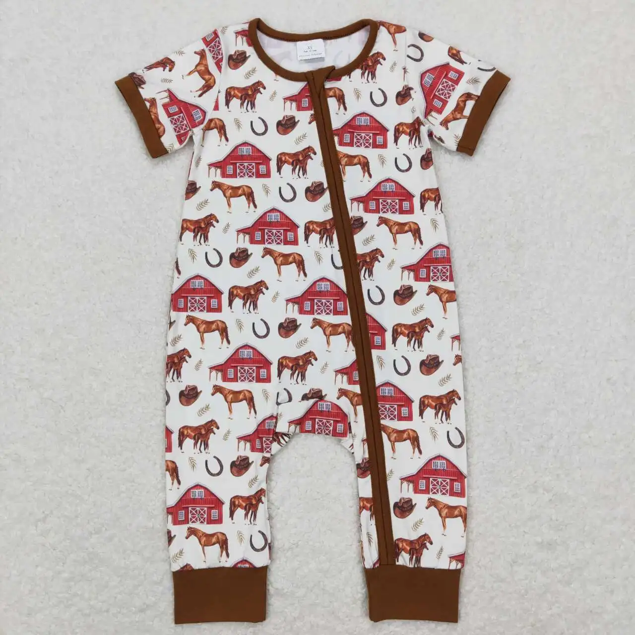 Wholesale hot sale baby kids clothes newborn toddler Farm Red House Horse brown beige zipper short sleeve onesie romper