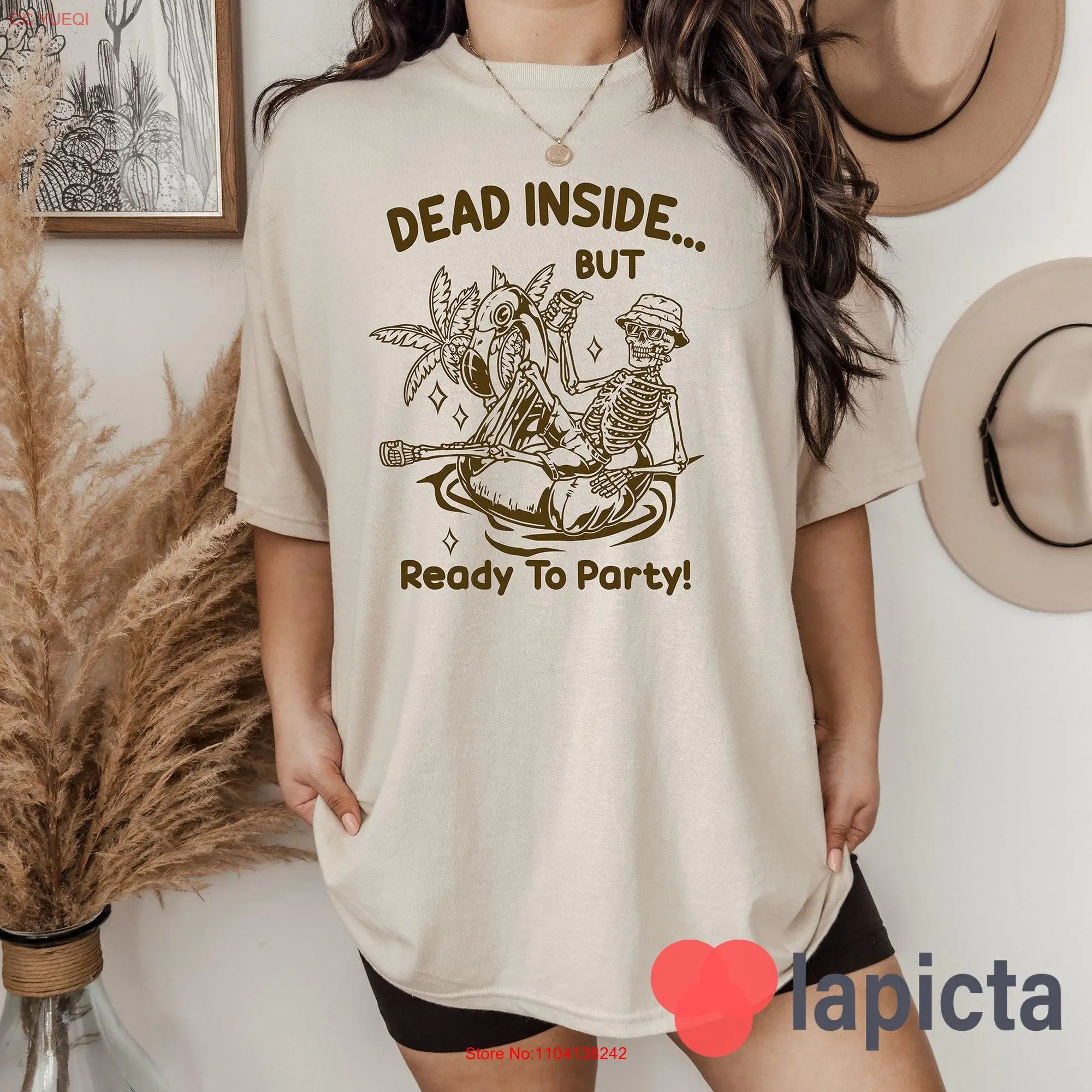 Dead Inside T Shirt Skeleton Drinking Halloween Vintage long or short sleeves