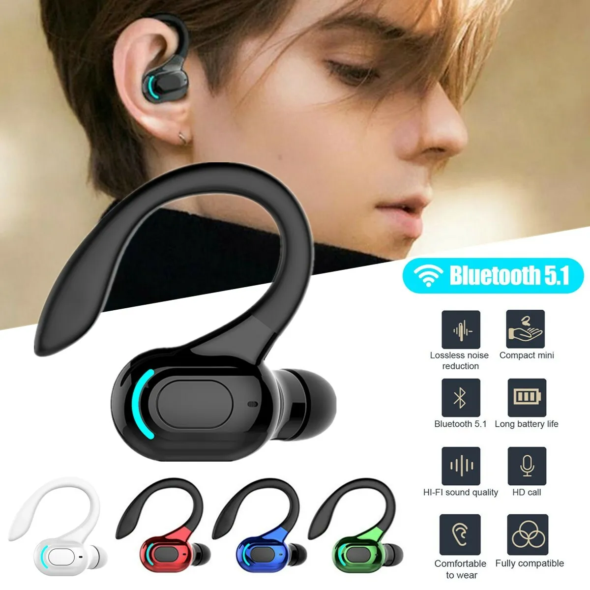 

Bluetooth 5.1 Headset Wireless Earbuds Earphones Stereo Headphones Ear Hook US