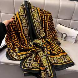 Luxe Merk Zijden Sjaal Vrouwen Mode Print Grote Sjaal Wraps Satijnen Hoofdband Hijab Tulband Foulard Zomer Strand Stola Bandana