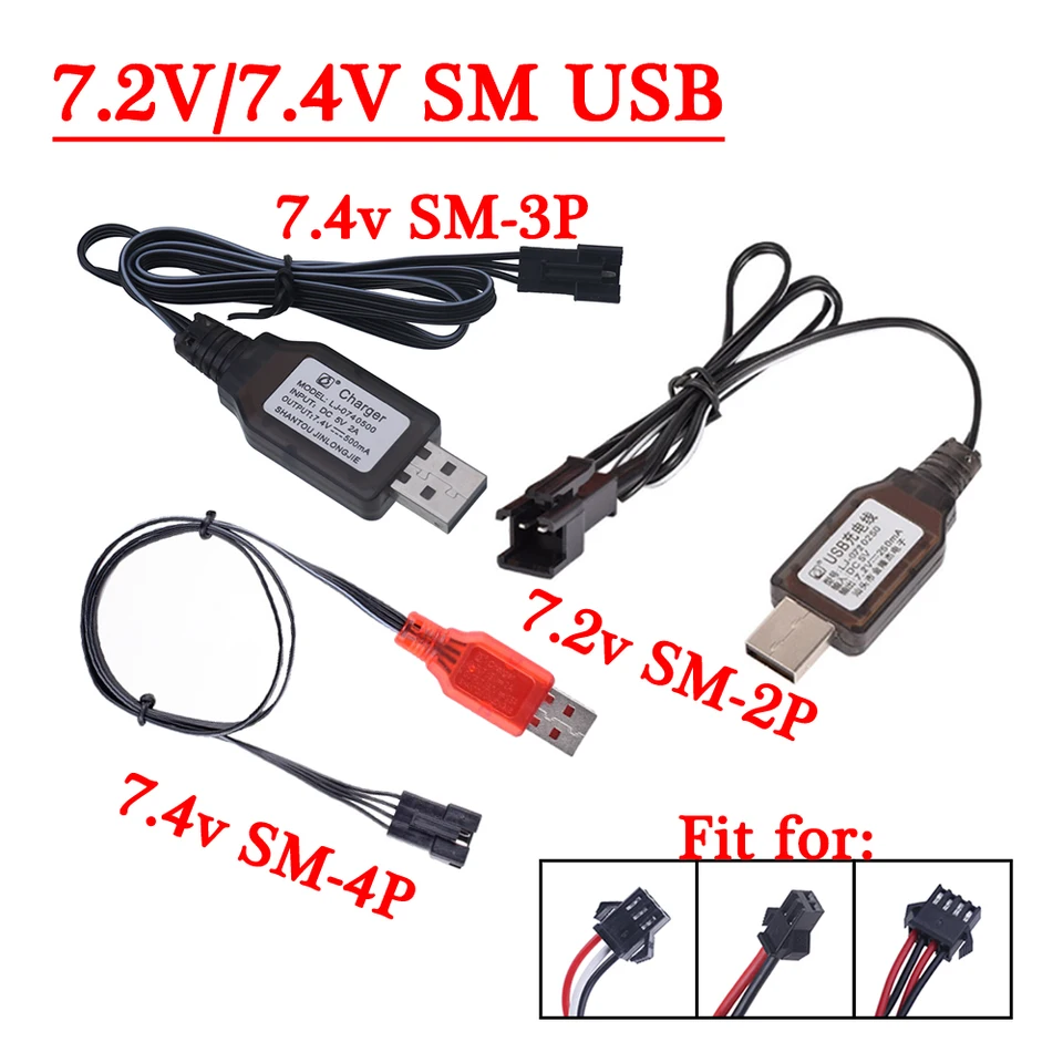 2 Batteries 7,4V 1000mAh Li-ion SM-2P + Chargeur USB Pour Voitures RC WPL/MN Et Blasters Billes