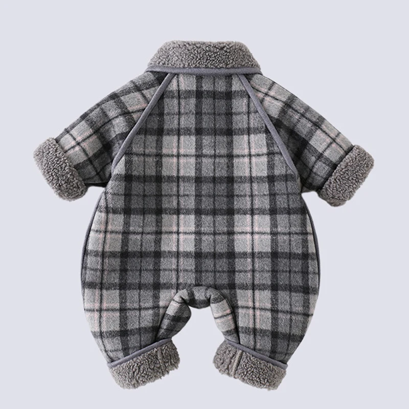 IYEAL Baby Boys Girls Winter Plaid Romper Fleece Trim Button‑Front Jumpsuit with Dual Cargo Pockets Newborn Warm Outerwear