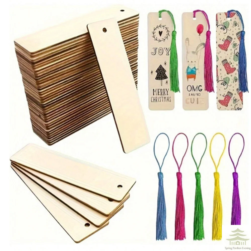 10/30/50/70Pcs Wooden Blank Bookmarks with Tassels Set DIY Wooden Craft Bookmarks Square Tag Wedding Birthday Party Decor