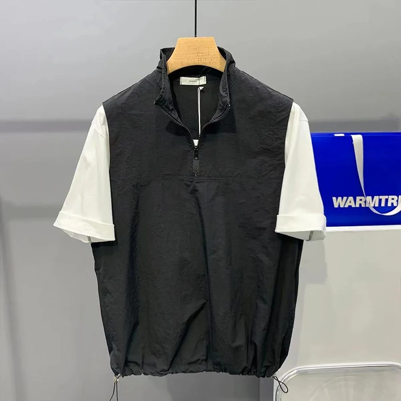 Summer Zipper Stand Collar Spliced Short Sleeve Men T Shirt Drawstring Waist Thin Hit Color Fashion Casual 2xl Oversized Clothes