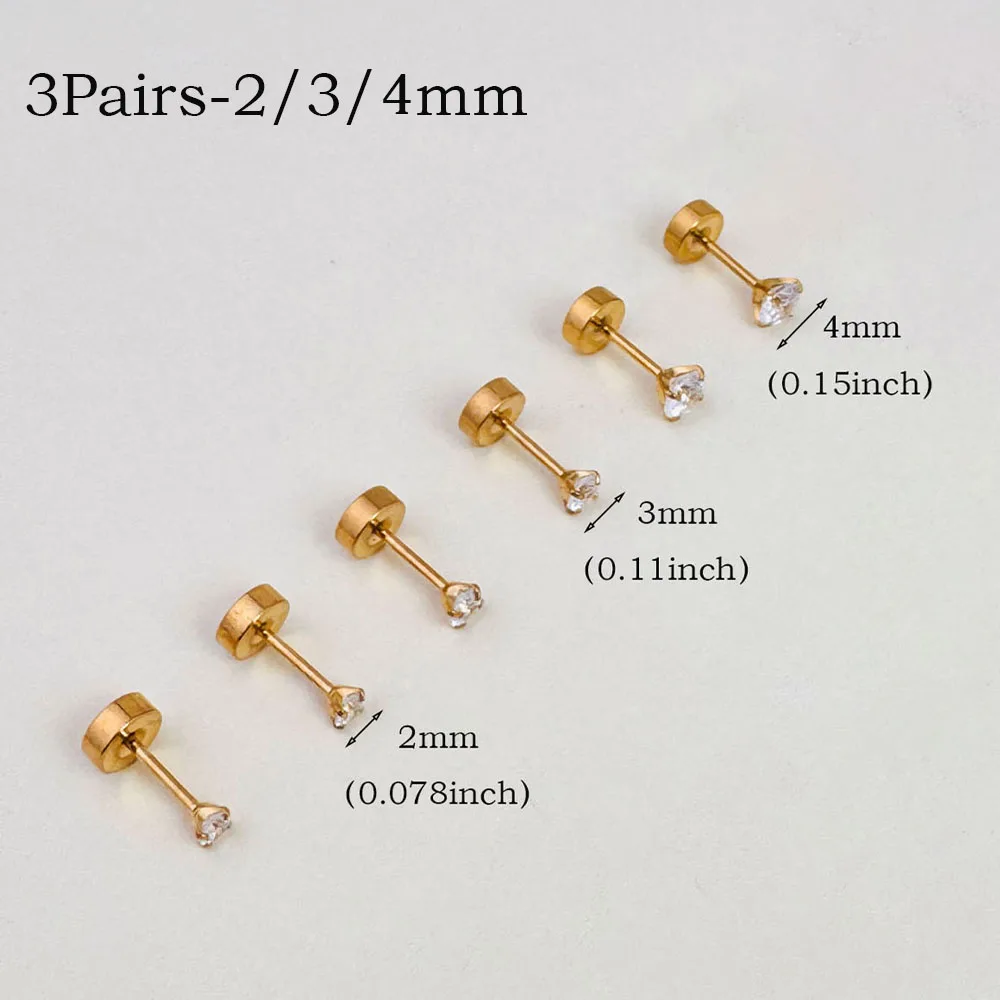 6pc Stainless Steel Flat Back Screw Studs Earrings Set, Women