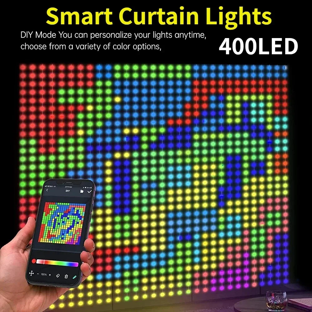 Smart 400LED Christmas Curtain Lights, RGBIC DIY Changing Dimmable Color Patterns with Music for Bedroom Courtyard Lights String