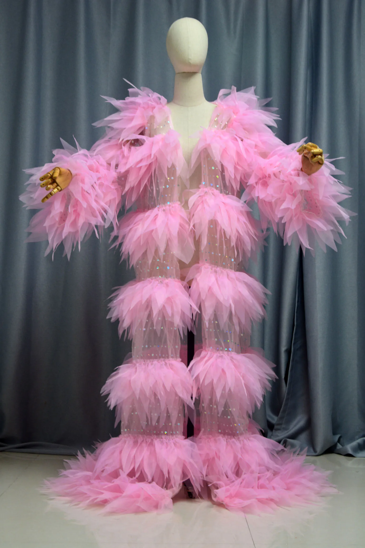 long coat long sleeve organza performance party nightclub designer clothes dance singer drag queen costumes stage custom