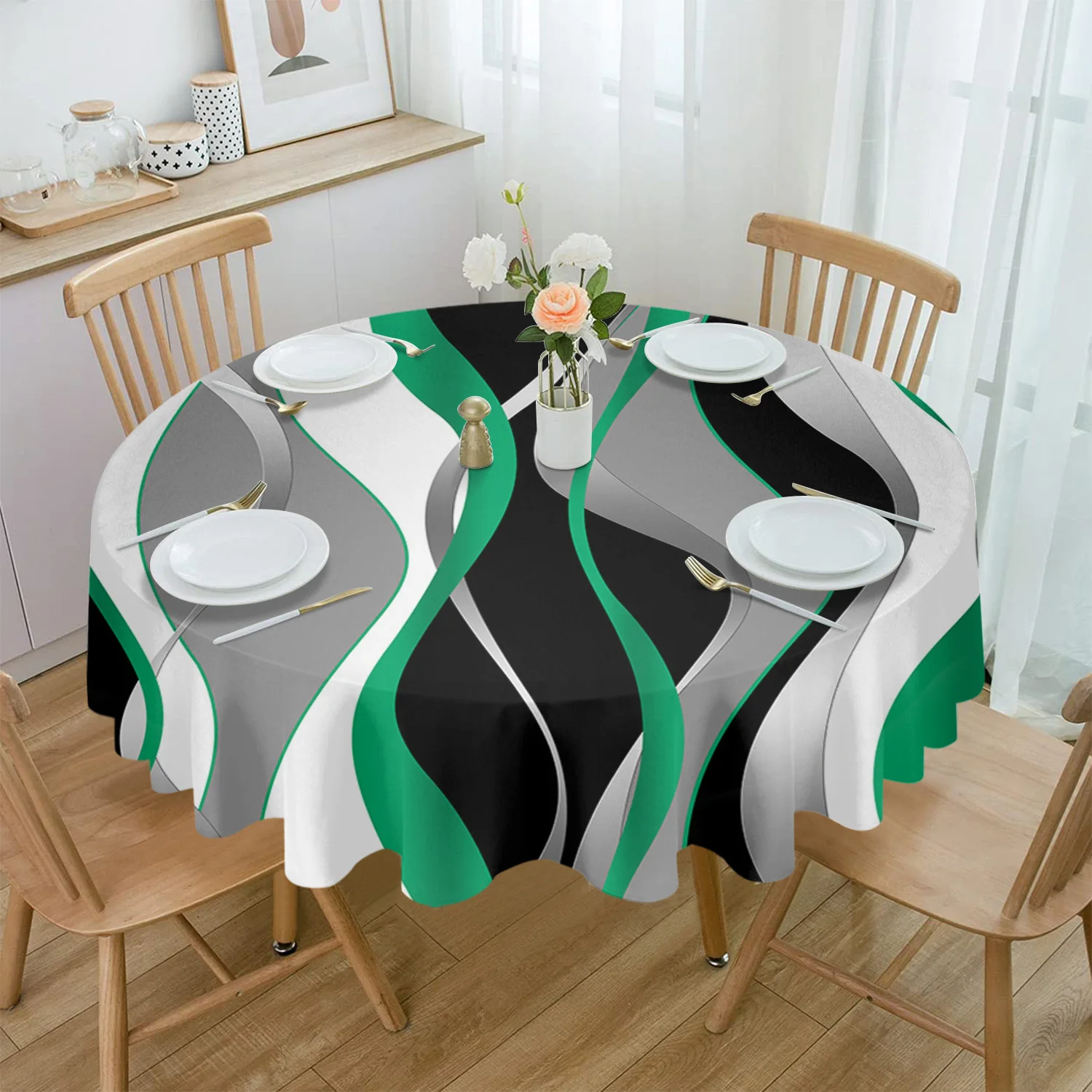 Line Gradient Emerald Green Waterproof Tablecloth Tea Table Decoration Round Table Cover for Kitchen Wedding Home Dining Room