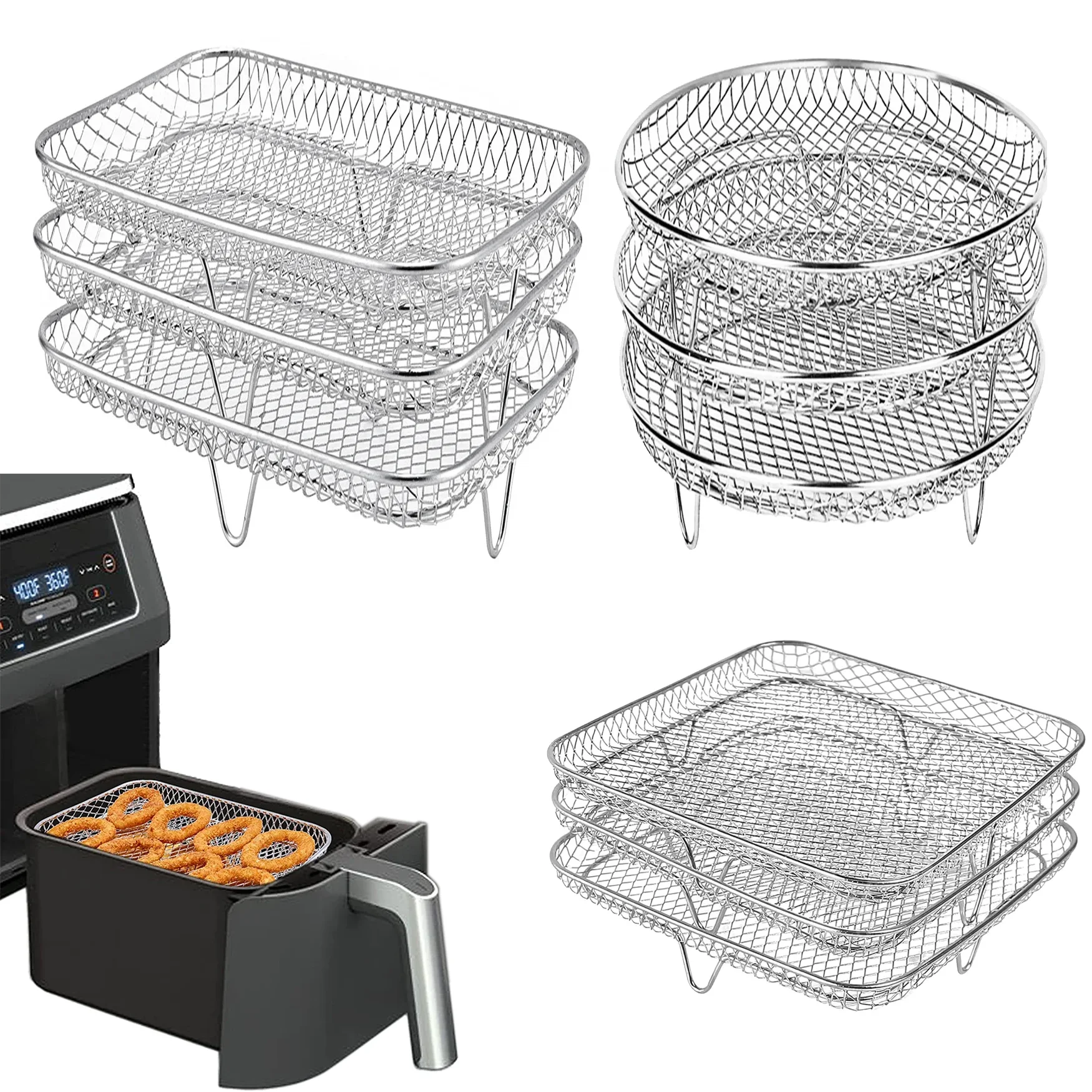 Drei stapelbare Luftfritteuse Edelstahl Korb Tablett Rack Öfen Racks Luftfritteuse Zubehör Küchenhelfer Backwerkzeuge
