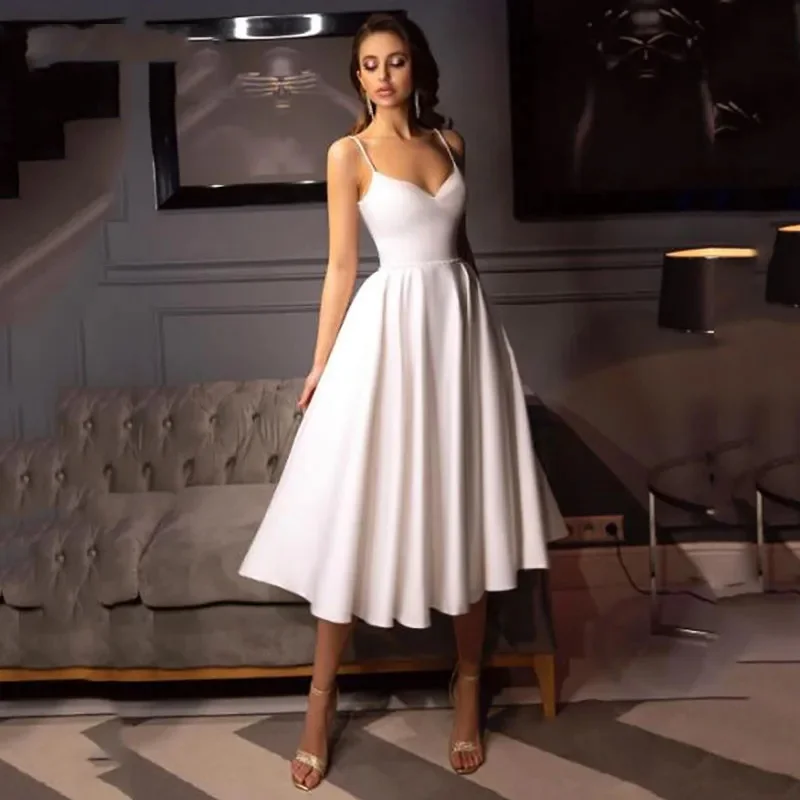 

Satin A Line Short Wedding Dresses Spaghetti Straps V Neck Bride Gowns 2025 Customized Ankle Length Backless Wedding Gowns