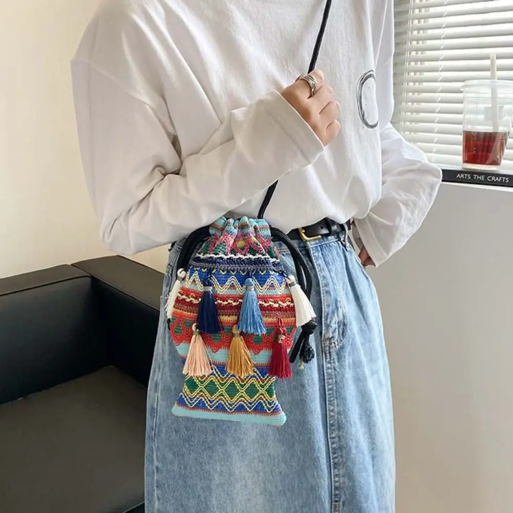 Cute Fish Shape Embroidery Stripe Ethnic Style Drawstring Shoulder Bag Tassel Canvas Message Bag Handbag Phone Bag