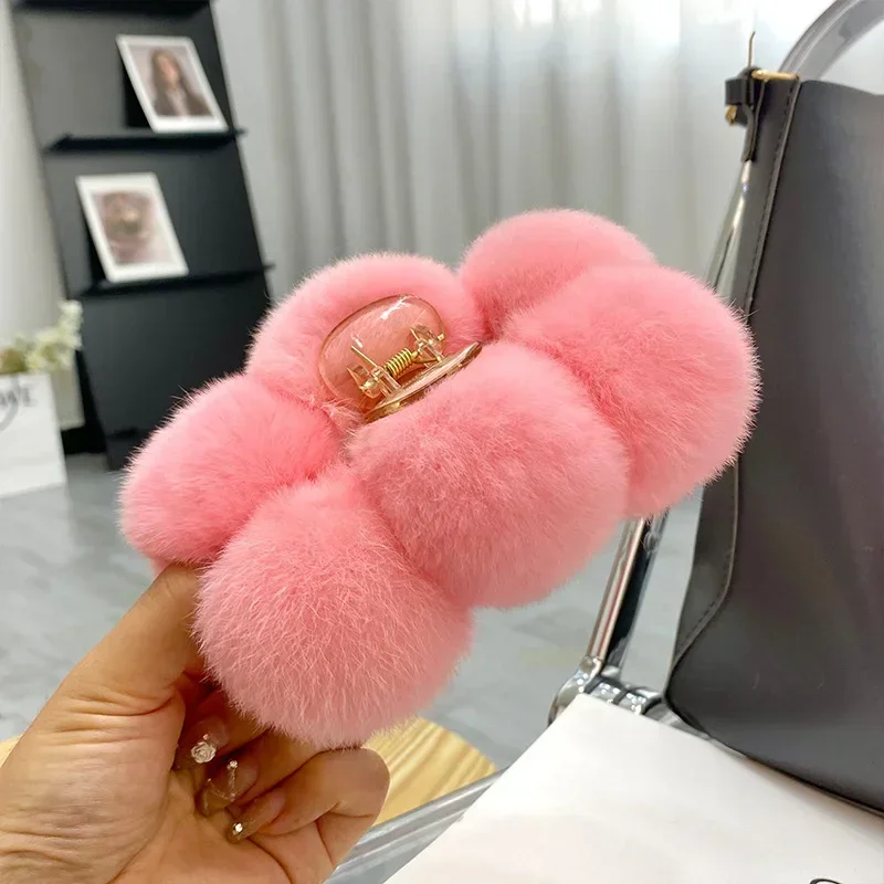 Cute Female Hair Clip Fur Real Otter Rabbit Fur Ball Grabbing Plush Grabbing The Back of The Head Shark Hairpin Headband