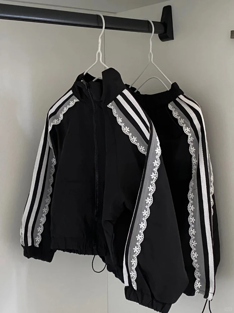 2000s Aesthetic Black Elegant Jacket Woman Y2k Lace Patchwork Striped Design Casual Coat Female Loose Chic Korea Popular Clothes