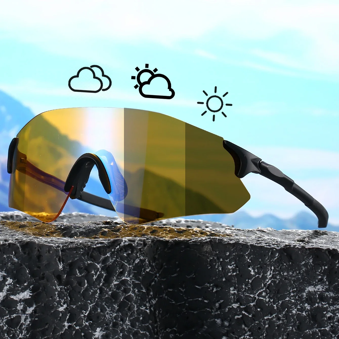 KAMMPT Herren-Sonnenbrille, randlos, minimalistisch, übergroß, schwarz, einzigartige photochrome Gläser, Damen-Sonnenbrille zum Radfahren, Wandern