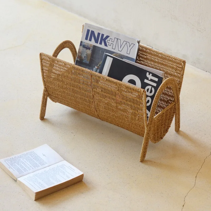 Handwoven Magazine Rack, Imitation Rattan Light Luxury Large Capacity Vertical Book Storage, Desktop Stand for Home Office