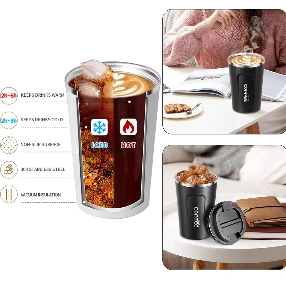 كوب قهوة Thermo Cafe، كوب ترمس للسيارة، كوب حراري مانع للتسرب، كوب حراري للسفر للشاي والماء والقهوة، زجاجة مياه مزدوجة من الفولاذ المقاوم للصدأ