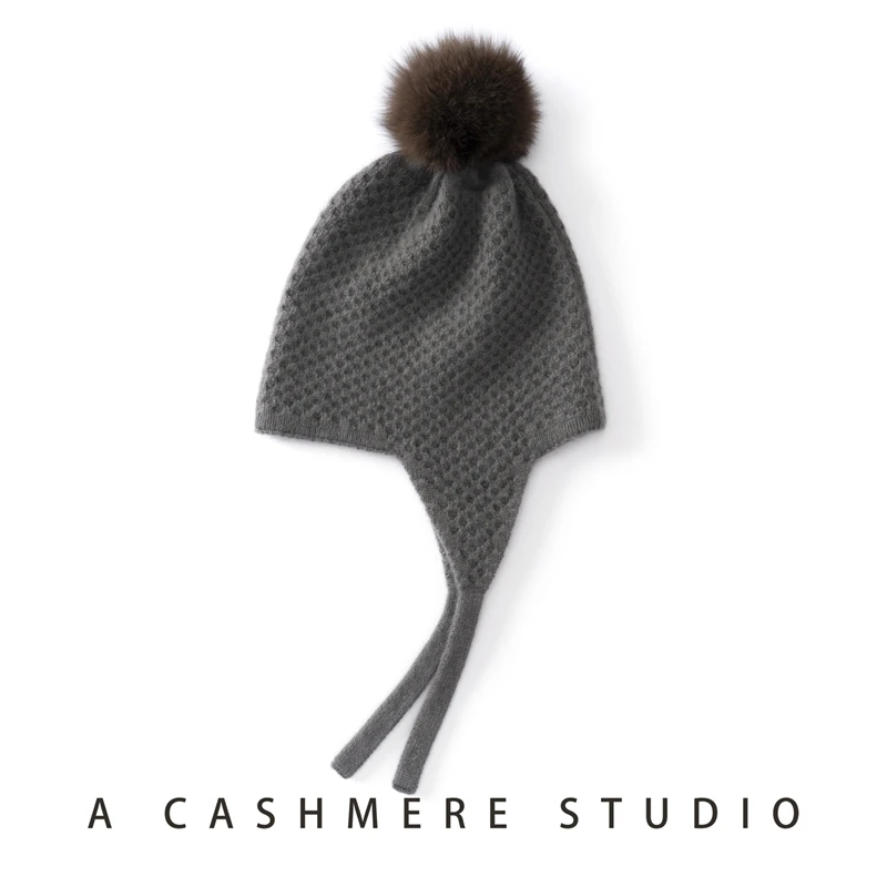 100% Cashmere Hat For Women Winter Knit Headgears Solid Color Bonnet Cap Outdoor Warm Soft Hats Ear Protect Cap Skullies