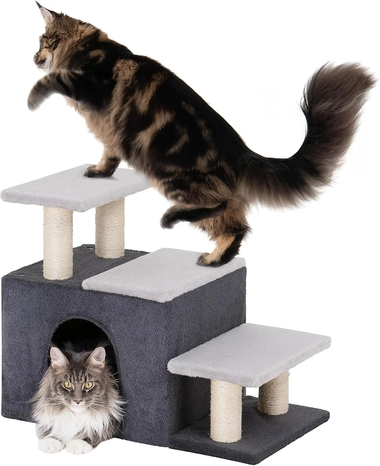 

3-in-1 Pet Stairs with Cat Cave, Soft Plush Steps for Cats & Small Dogs, Grey Large Size