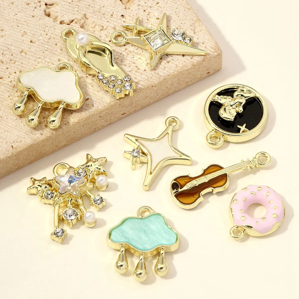 7pcs/lot High Polished Clouds Raindrop Gold Plated DIY Charm Women Enamel Donut Cupid Guitar Pendant Necklace Making Jewelry